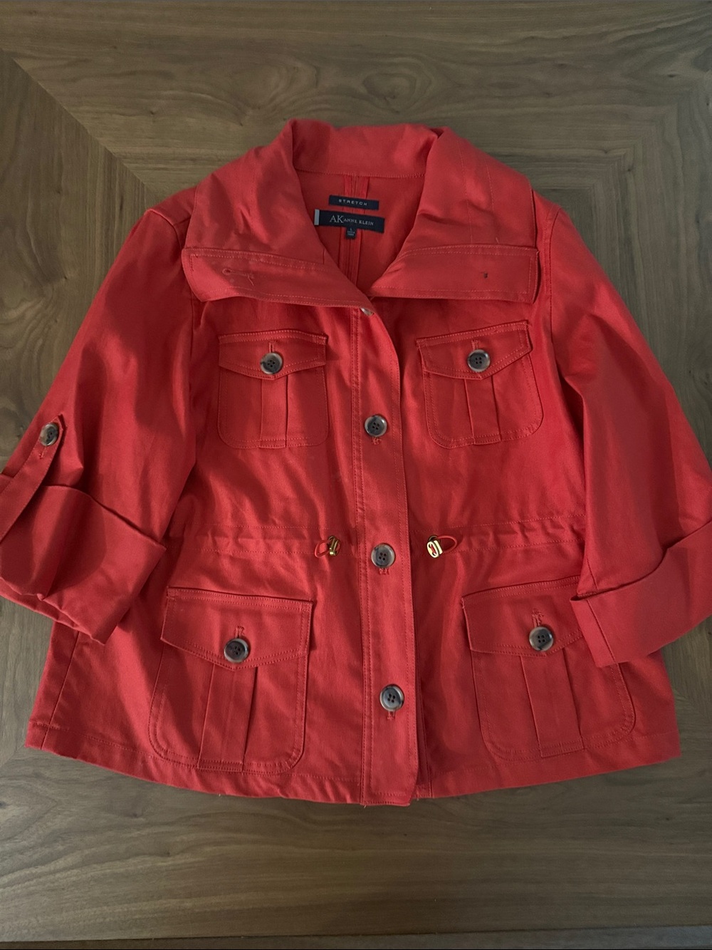 Anne Klein Coral-Red Crop Utility Jacket with 3/4 sleeve